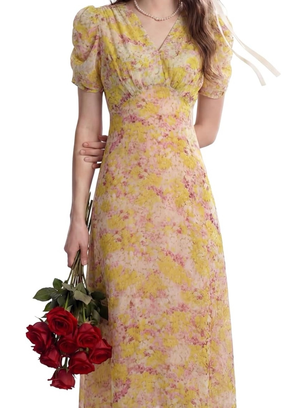 Floral V-Neck Puff Sleeve Maxi Dress - summer